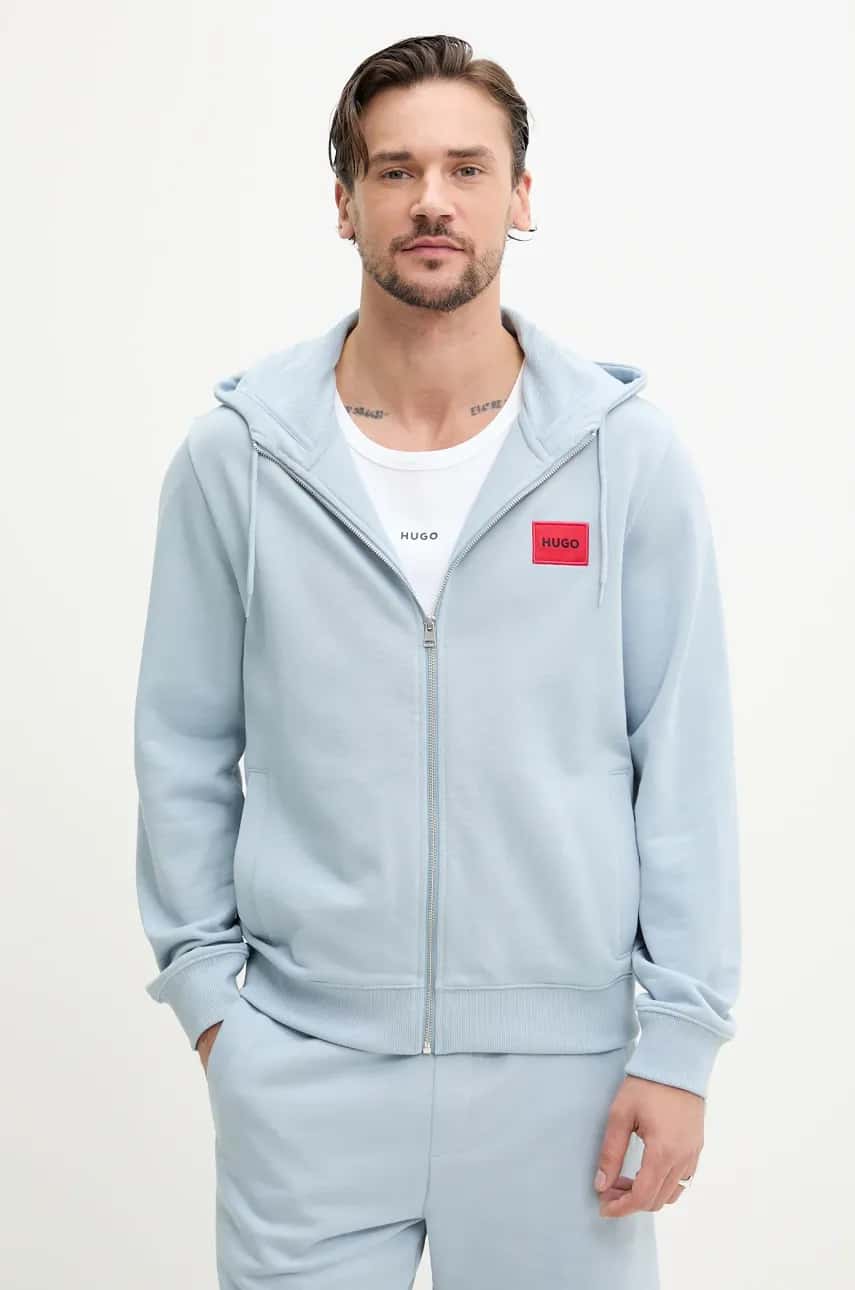 Bavlnená mikina HUGO pánska, čierna farba, s kapucňou, melanžová, 50447972