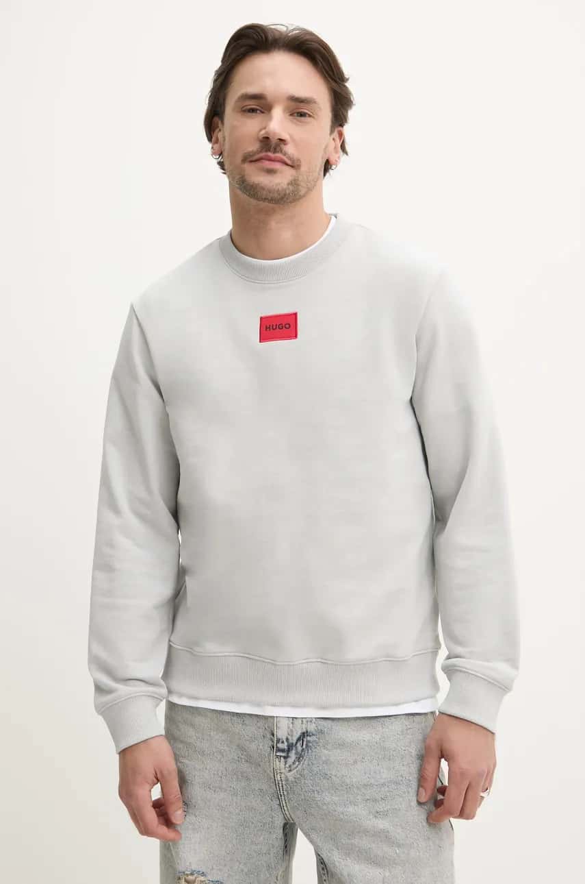 Bavlnená mikina HUGO pánska, šedá farba, s nášivkou, 50447964