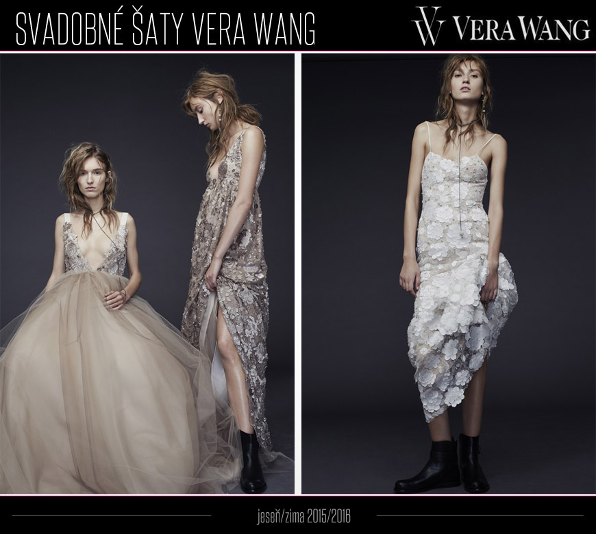 Svadobné šaty Vera Wang sú hlavne v bielej ale nechýbajú ani modely v nude farbe či exkluzívny biely model s ručne našívanými kvetinami Svadobné šaty sú z mdnej kolekcie Vera Wang jeseňzima 20152016