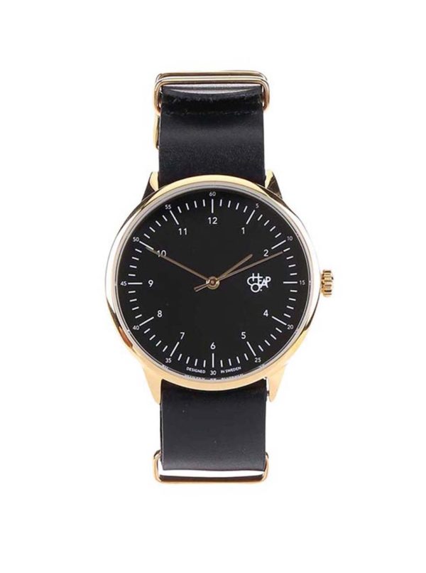 Unisex hodinky v zlatej farbe s čiernym koženým remienkom CHPO Harold Gold