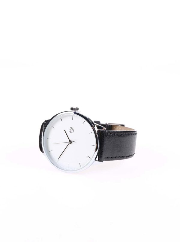 Unisex hodinky v striebornej farbe s čiernym koženým remienkom CHPO Khorshid Silver