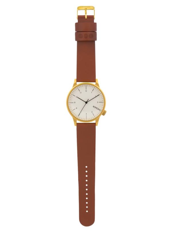 Unisex hodinky v zlatej farbe s hnedým koženým remienkom Komono Winston Regal