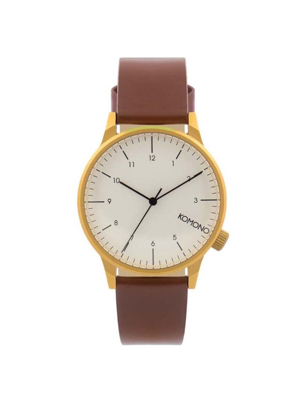 Unisex hodinky v zlatej farbe s hnedým koženým remienkom Komono Winston Regal