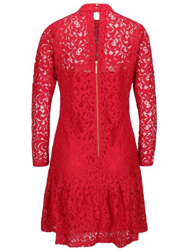 Červené čipkované šaty s dlhým rukávom Closet