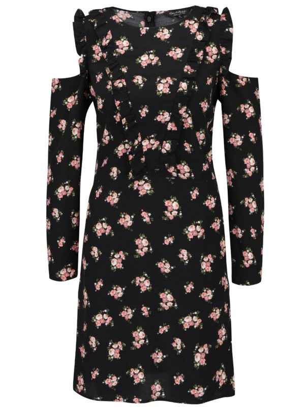 Čierne kvetované šaty s prestrihmi na ramenách Miss Selfridge