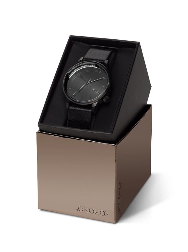 Čierne unisex hodinky s koženým remienkom Komono Winston Mirror
