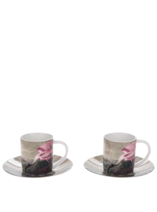 Zeleno-ružová súprava dvoch espresso hrnčekov s podšálkou Magpier Birds