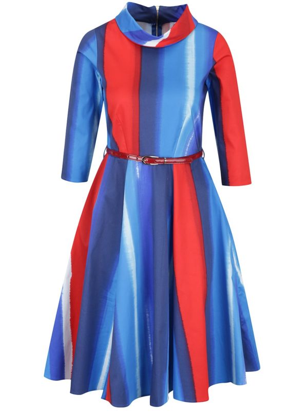 Červeno-modré vzorované šaty s 3/4 rukávom a opaskom Closet