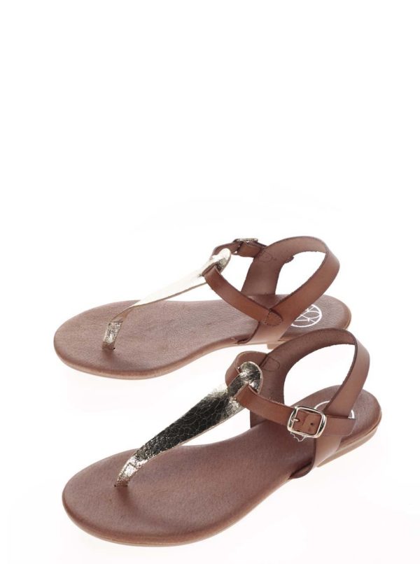 Hnedé kožené sandále s remienkom v zlatej farbe OJJU
