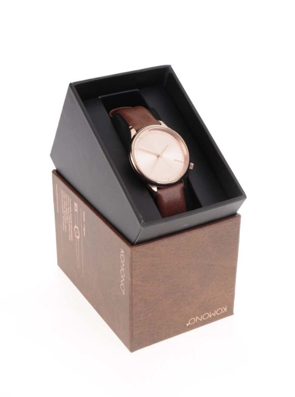 Dámske hodinky v ružovozlatej farbe s hnedým koženým remienkom Komono Estelle