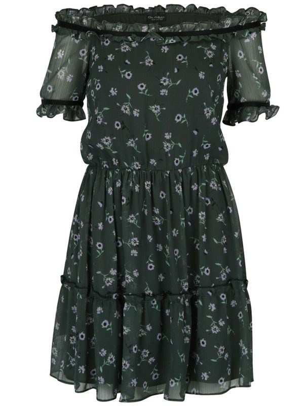 Tmavozelené šaty s odhalenými ramenami Miss Selfridge
