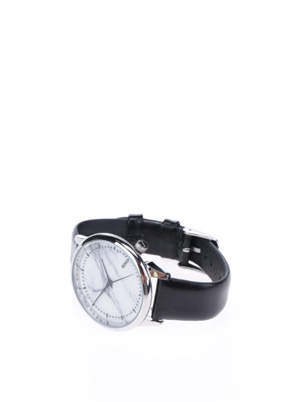 Vzorované unisex hodinky v striebornej farbe s čiernym koženým remienkom Komono Estelle Marble