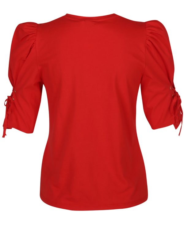 Červené tričko s nariasenými rukávmi a šnurovaním Miss Selfridge 