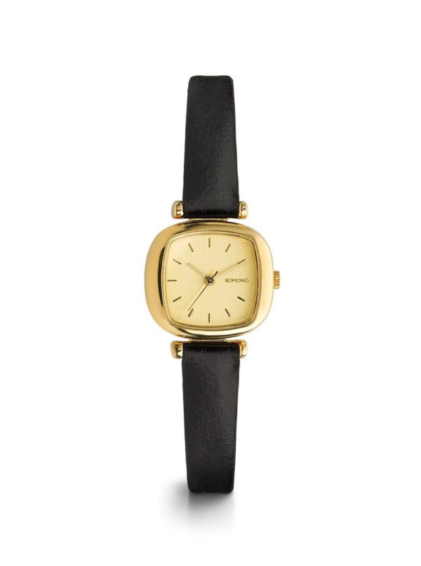 Dámske hodinky v zlatej farbe s čiernym koženým remienkom Komono Moneypenny