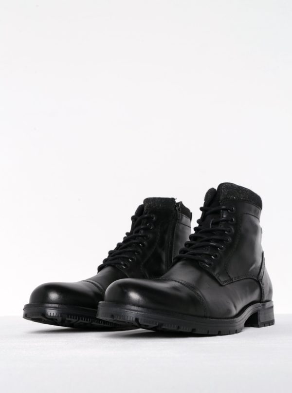 Čierne kožené členkové topánky so zipsom Jack & Jones Marly