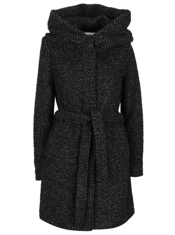 Čierno-sivý vzorovaný kabát s prímesou vlny a s kapucňou VILA Cama