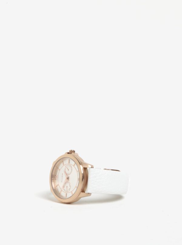 Pozlátené hodinky v ružovozlatej farbe s bielym koženým remienkom Pilgrim