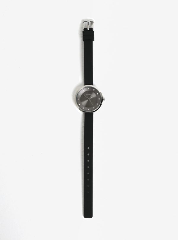 Postriebrené hodinky s čiernym silikónovým remienkom Pilgrim