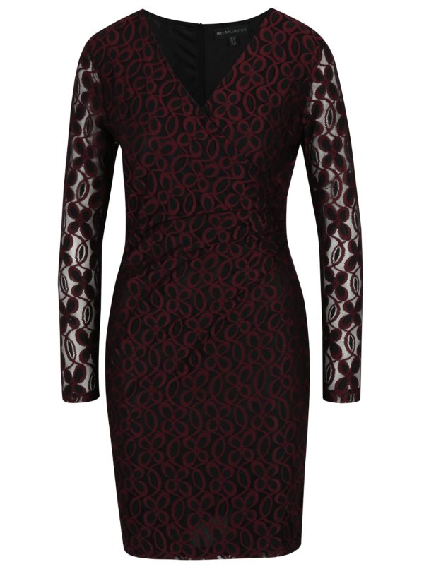 Vínovo-čierne puzdrové čipkové šaty s prekladaným dekoltom Mela London