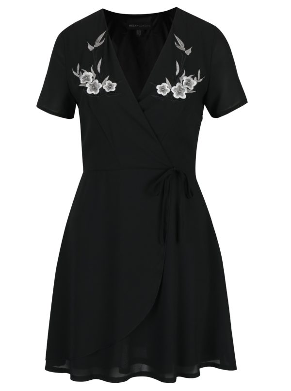 Čierne prekladané šaty s výšivkami Mela London