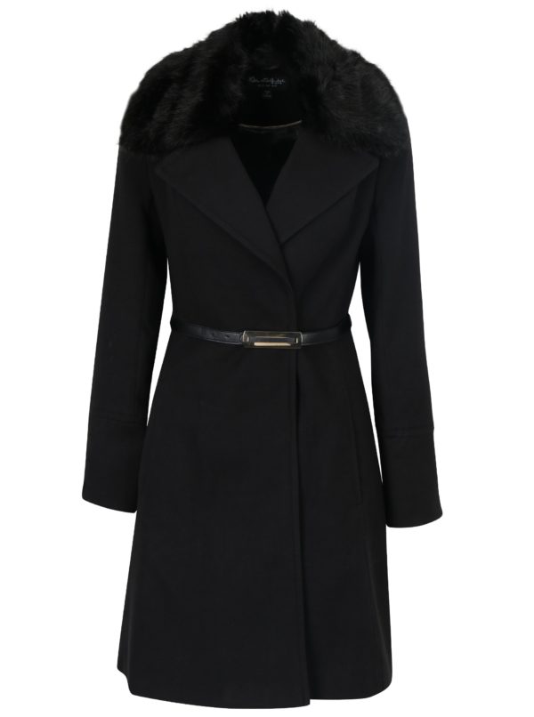Čierny kabát s opaskom a umelým kožúškom Miss Selfridge