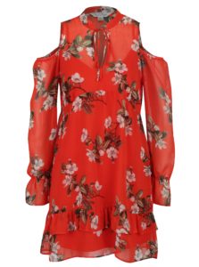 Červené kvetované šaty s prestrihmi na ramenách Miss Selfridge