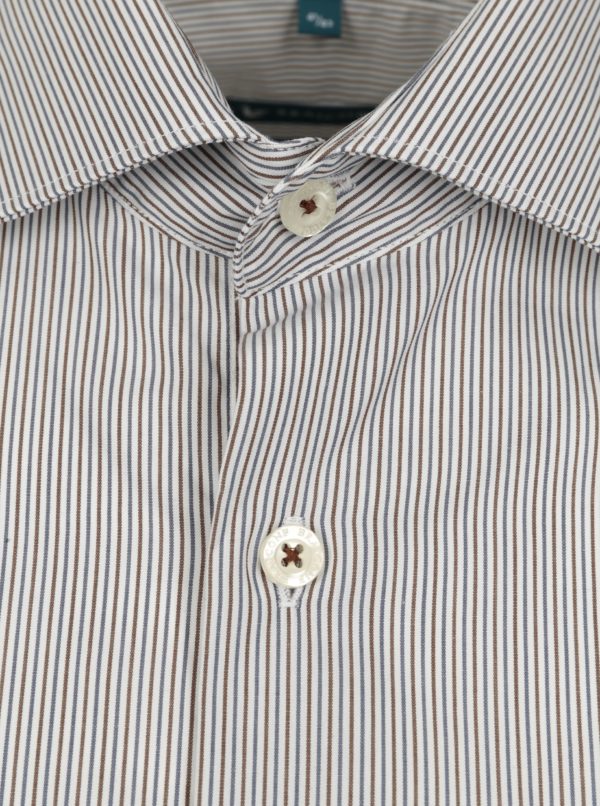 Bielo-hnedá pruhovaná formálna super slim fit košeľa s výraznými gombíkmi Braiconf Flaviu