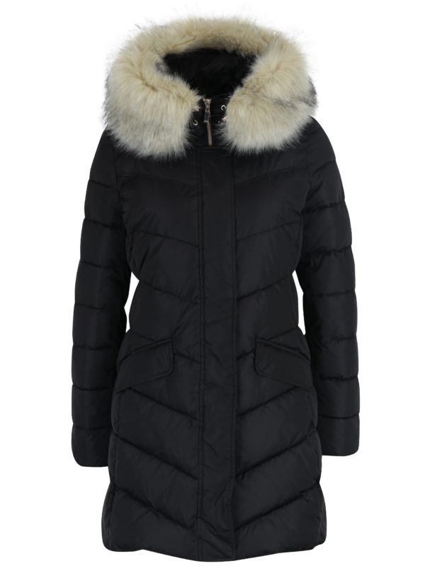 Čierny dámsky prešívaný kabát s odopínateľným kožúškom Geox