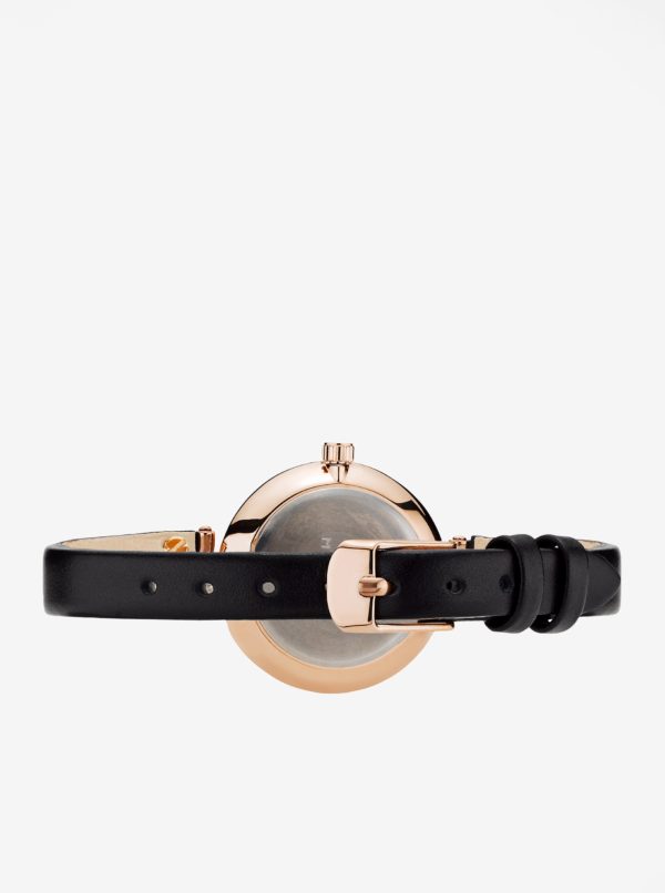 Dámske hodinky v ružovozlatej farbe s čiernym koženým remienkom MOCKBERG Sigrid petite