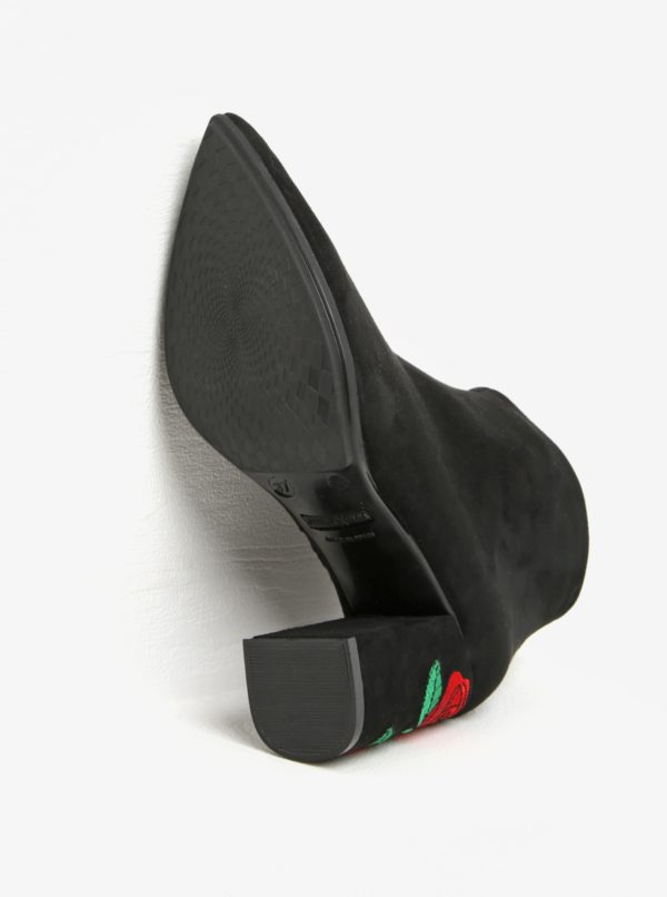 Čierne členkové topánky v semišovej úprave s výšivkou na podpätku OJJU