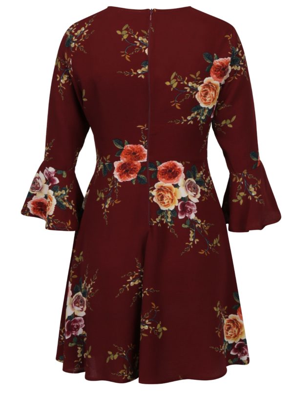 Vínové kvetované šaty s 3/4 zvonovým rukávom AX Paris