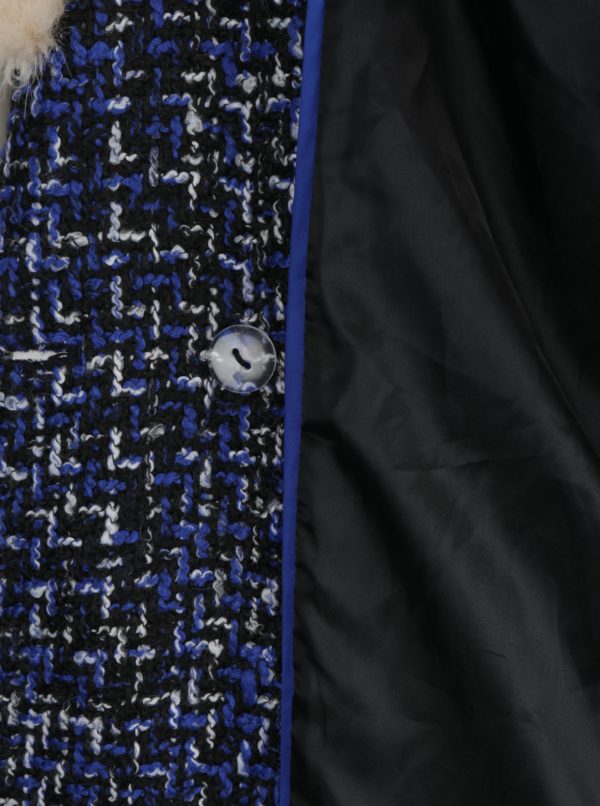 Modro-čierny vzorovaný kabát s umelým kožúškom Fever London Enid