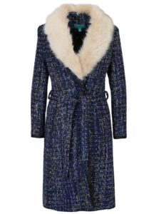 Modro-čierny vzorovaný kabát s umelým kožúškom Fever London Enid