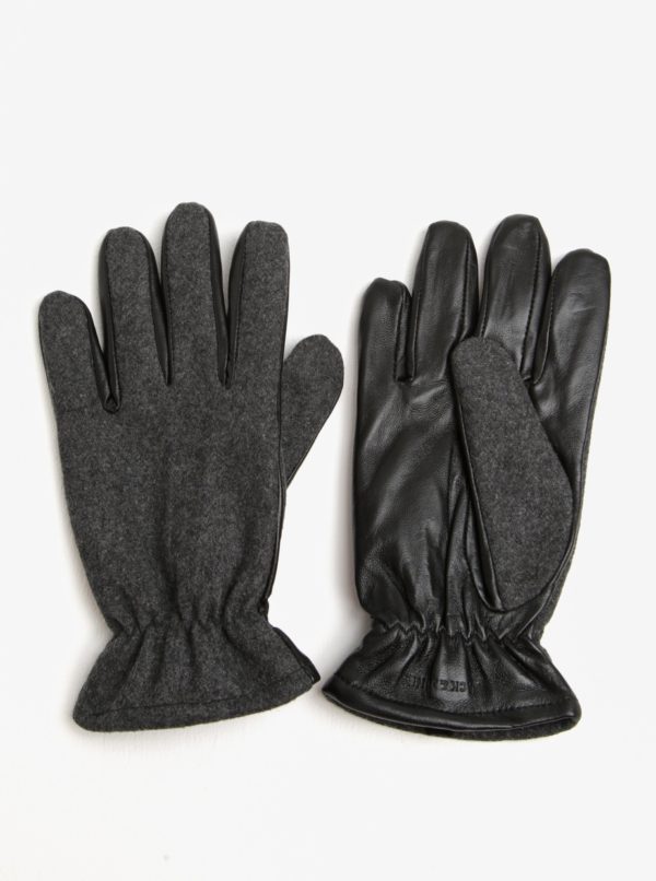 Čierno-sivé rukavice s prímesou vlny a koženou spodnou časťou Jack & Jones Ray