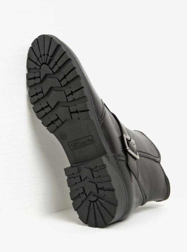 Čierne zimné kožené členkové topánky s prackou Tamaris