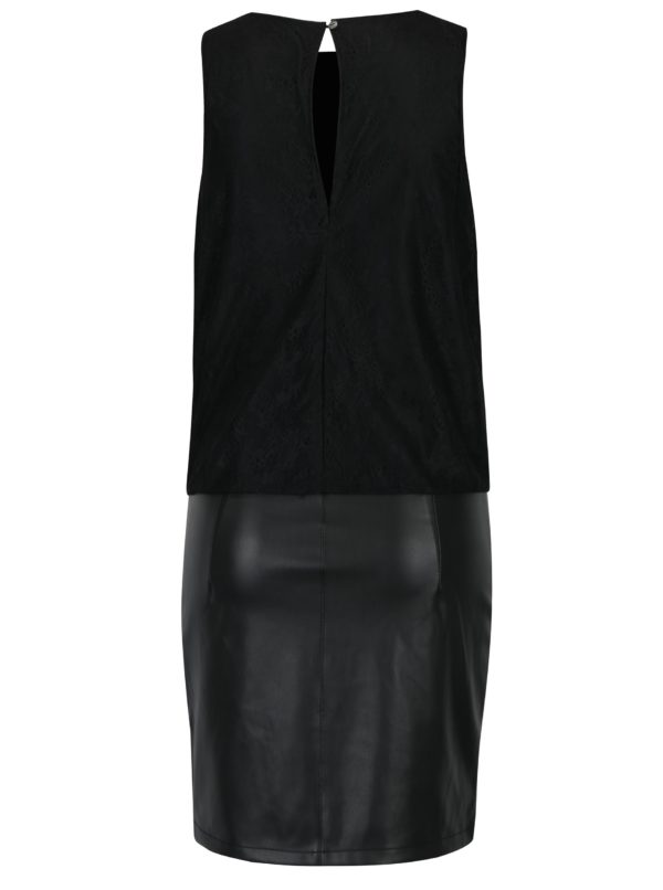 Čierne puzdrové šaty s čipkovaným topom a koženkovou sukňou ONLY Lea