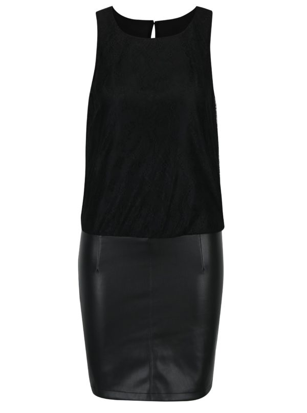 Čierne puzdrové šaty s čipkovaným topom a koženkovou sukňou ONLY Lea