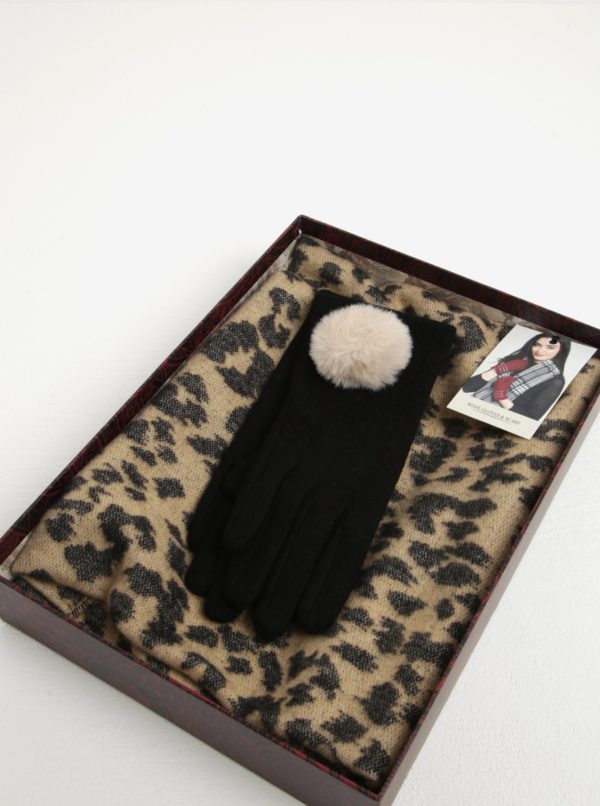 Béžovo-čierna dámska súprava vlnených rukavíc a šálu Something Special