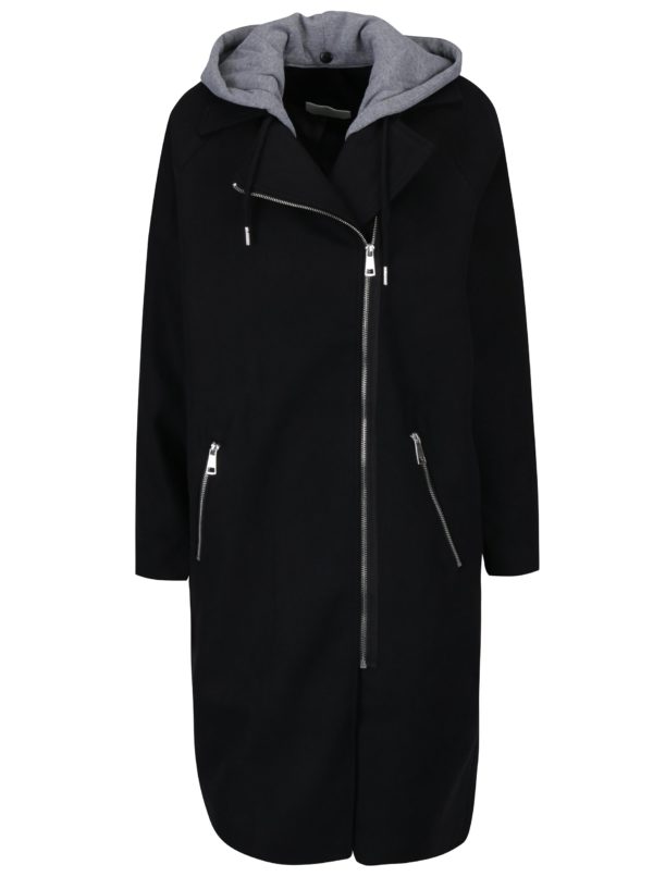 Čierny dlhý kabát s odopínateľnou kapucňou Noisy May Cohiba