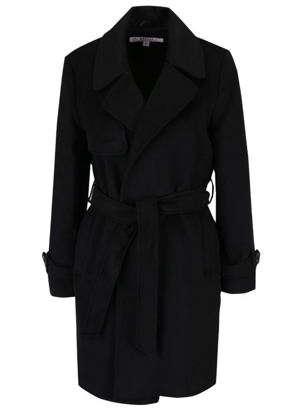 Čierny kabát so zaväzovaním v páse Miss Selfridge Petites