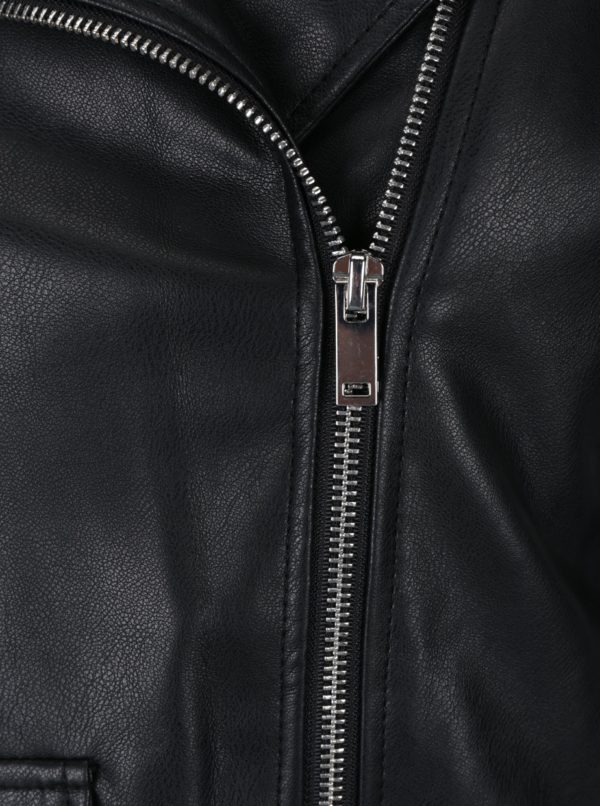 Čierna koženková bunda s umelým kožúškom a potlačou na chrbte TALLY WEiJL