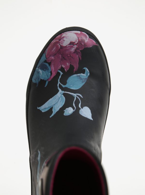 Ružovo–čierne dámske vodovzdorné čižmy s kvetovanou potlačou Tom Joule MollyWelly