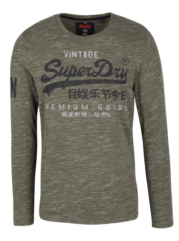 Kaki pánske melírované tričko s dlhým rukávom Superdry Premium