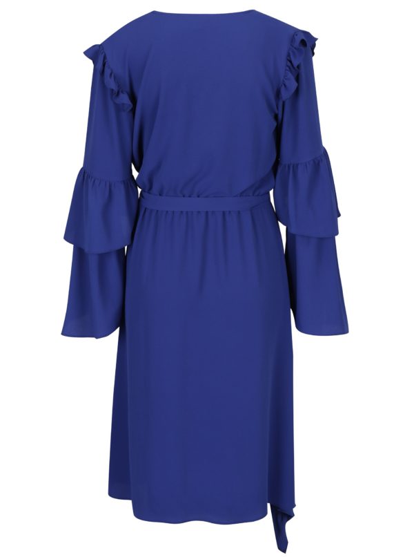 Modré asymetrické šaty s prekladaným výstrihom a volánikmi Miss Selfridge