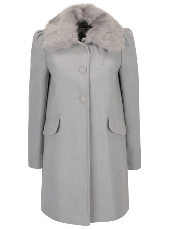Svetlosivý kabát s umelou kožušinou Miss Selfridge