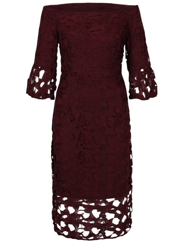 Vínové čipkované šaty s odhalenými ramenami Dorothy Perkins