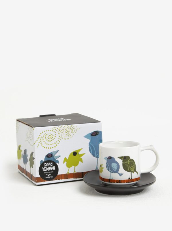 Biely hrnček na espresso s potlačou a podšálkou Magpie Family of Birds Espresso Cup & Saucer Family