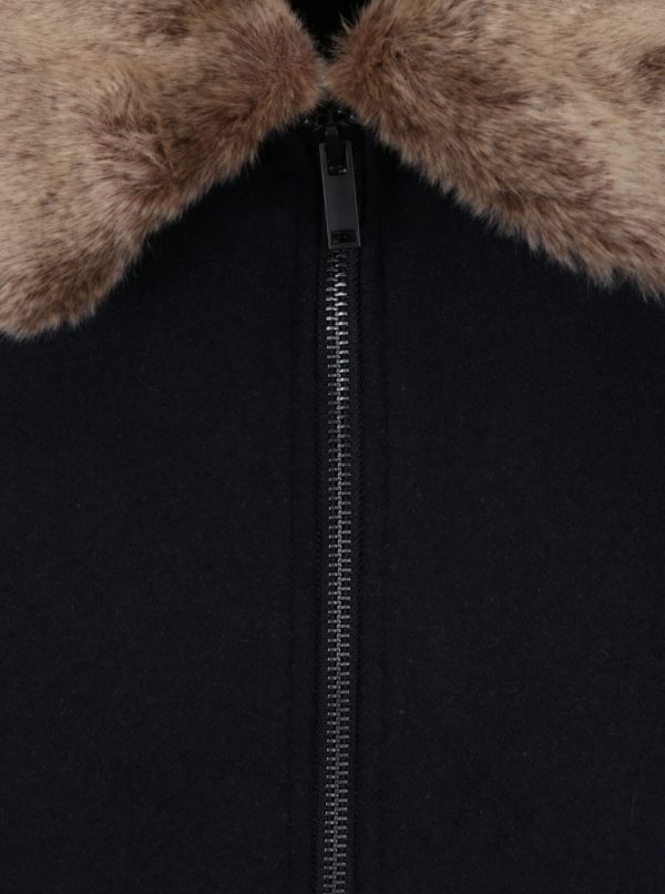 Tmavomodrá vlnená bunda s golierom z umelej kožušiny Burton Menswear London
