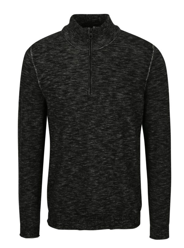 Čierny pánsky melírovaný sveter so zipsom s.Oliver