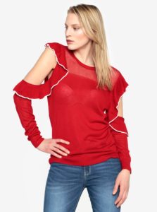 Červený sveter s prestrihmi na ramenách a volánmi French Connection Lois